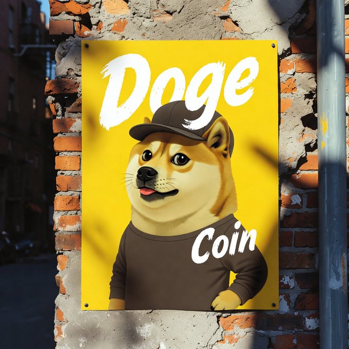 A yellow poster on a brick wall featuring a Shiba Inu dog wearing a cap and brown shirt, with the text 'Doge' and 'Coin'.