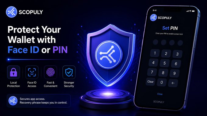 A Scopuly cryptocurrency wallet promotional graphic titled "Protect Your Wallet with Face ID or PIN", featuring a shield icon and a smartphone displaying a PIN setup screen, highlighting features like Local Protection, Face ID Access, Fast & Convenient, and Stronger Security.
