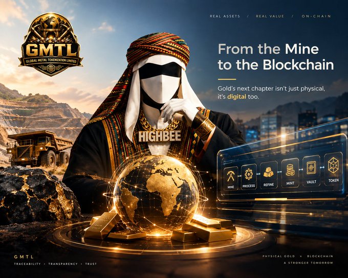 Promotional banner for "GMTL" (Global Metal Tokenization Limited), featuring a figure in traditional Arab dress holding a glowing digital globe, with the tagline "From the Mine to the Blockchain" and "HIGHBEE" branding.