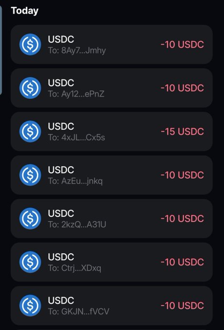 A mobile crypto wallet transaction history showing seven outgoing USDC payments of 10-15 USDC each today, sent to recipients with addresses starting "8Ay7," "Ay12," "4xJL," "AzEu," "2kzQ," "Ctrj," and "GKJN," likely representing the seven individuals mentioned in the post as winners receiving their payouts.
