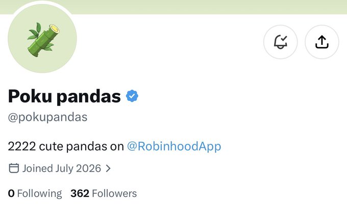 A Twitter/X profile page for 'Poku pandas' (@pokupandas) featuring a bamboo avatar, bio stating '2222 cute pandas on @RobinhoodApp', 'Joined July 2026', '0 Following', and '362 Followers'.