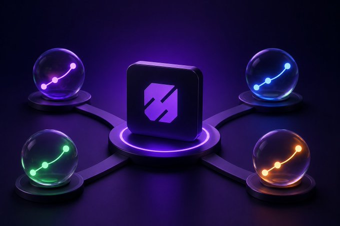 A dark purple-themed 3D illustration showing a central app icon connected to four glowing orbs (pink, blue, green, and orange), each containing constellation-like line patterns.