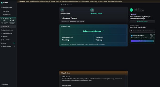 A screenshot of the Kaitly dashboard showing Performance Tracking settings for the campaign 'kaishi' from Aug 6-8, 2026, with a referral link and tracking options.