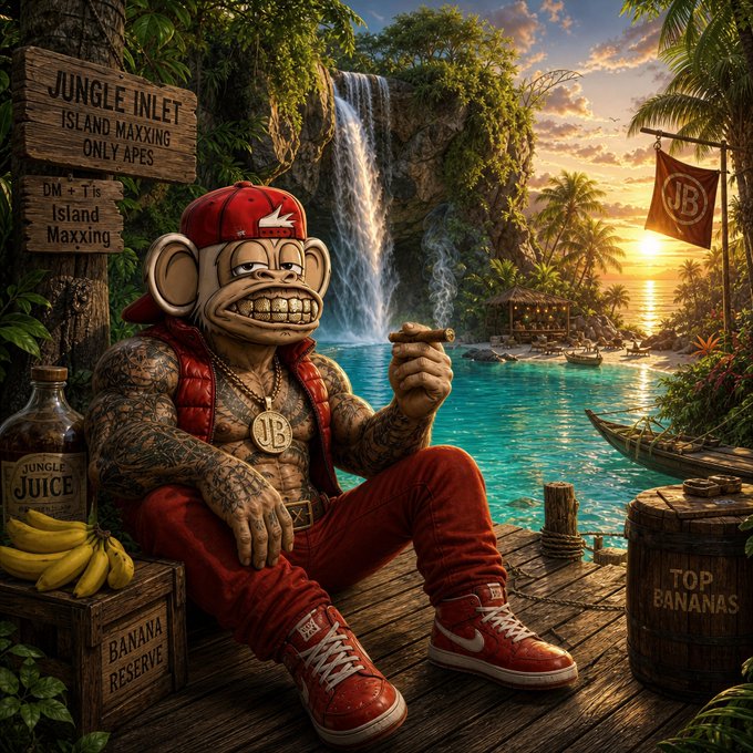 A digital artwork shows a tattooed monkey character in a red cap, red pants, and red sneakers smoking a cigar on a tropical dock. The scene includes a waterfall, palm trees, and signs reading 'Jungle Inlet Island Maxxing Only Apes', 'Banana Reserve', and 'Top Bananas'.