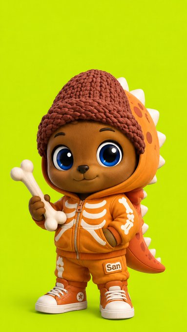 A 3D-rendered cartoon character resembling a small brown creature wearing an orange dinosaur hoodie with white bones, a knit beanie, and sneakers, holding a bone and standing against a bright yellow-green background; a tag on its outfit reads 'San'.
