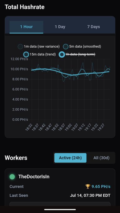 Mobile app screenshot showing a 'Total Hashrate' dashboard with a graph fluctuating around 9.00-10.00 PH/s, and a workers list showing 'TheDoctorsIn' at 9.65 PH/s.