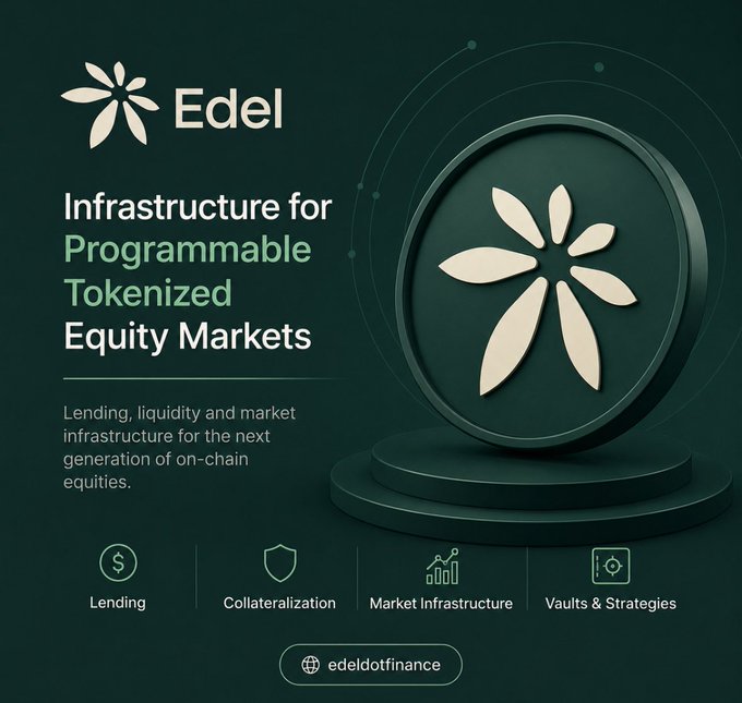 The image features a green circular coin with a flower design at its center. The text above the coin reads "EDEL Infrastructure for Programmable tokensized Equity Markets", which suggests that the coin represents tokenized equities, a type of investment where assets are tokenized into smaller units and then used to invest in various markets. The image also includes other elements related to tokenized equities, such as lending, liquidity, and market infrastructure.