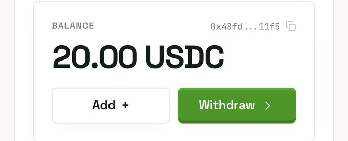 A balance card displays **20.00 USDC** along with the partial wallet address "0x48fd...11f5," featuring Add and Withdraw buttons. The image relates to the post by suggesting a small crypto gain, fitting the user's boast about a "first win in August" while pursuing a $10k goal.