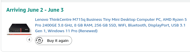 The image shows an advertisement for a laptop computer that has arrived at its destination. The laptop is described as a "lenovo ThinkCentre M1550 Business Tiny Desktop Computer PC Rundu 5 Gen 1 Windows 11 Pro". It also features a webcam, a webcam card, and a webcam driver. The laptop is being sold again with the option to buy it back for $99.