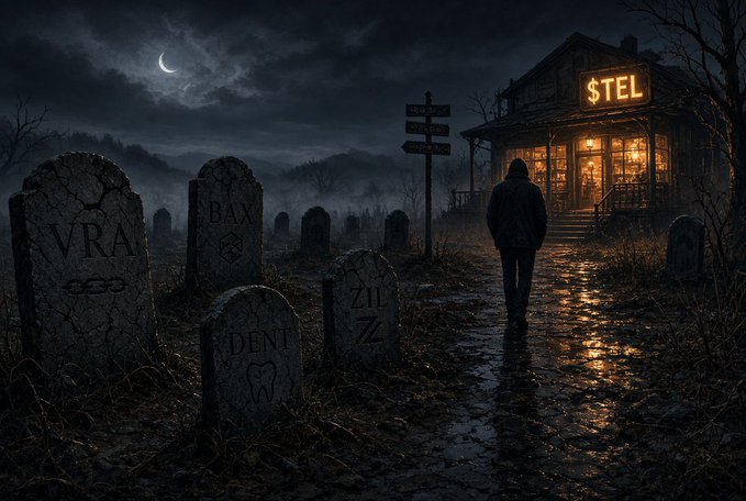 Dark, digital artwork showing a cloaked figure walking toward a glowing shop marked '$TEL,' past gravestones labeled with crypto tickers like 'VRA,' 'BAX,' 'DENT,' and 'ZIL.'
