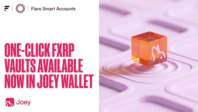 An advertisement for 'Flare Smart Accounts' promoting 'ONE-CLICK FXRIP VAULTS AVAILABLE NOW IN JOEY WALLET' with a pink 3D cube featuring the Flare fox logo on a circuit board background.