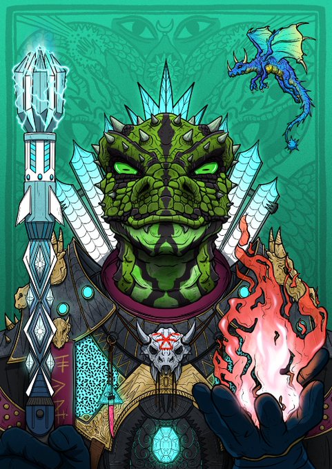Digital artwork of a reptilian humanoid warrior in ornate armor, holding a glowing staff and a red fiery orb, with a small blue dragon flying nearby against a teal background.