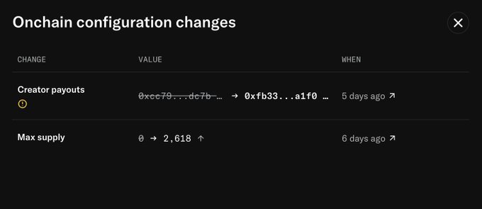 A dark-themed interface showing 'Onchain configuration changes' with updates to Creator payouts and Max supply (2,618).