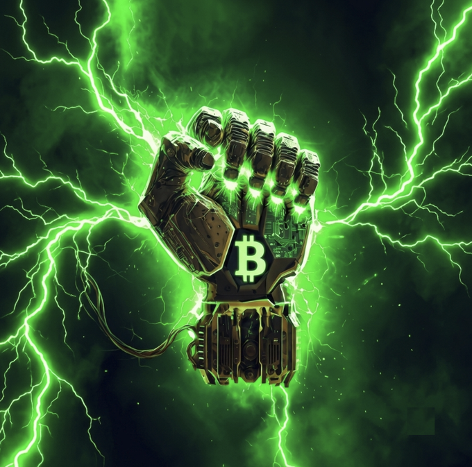 A digital artwork of a metallic mechanical gauntlet clenched into a fist with glowing green eyes and a Bitcoin (₿) symbol on the back, surrounded by green lightning.