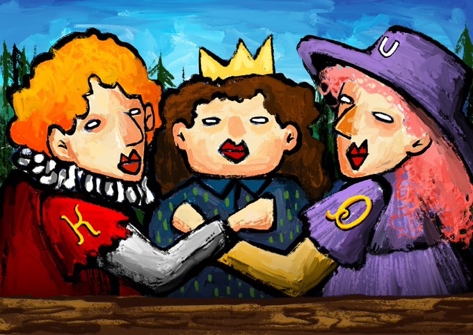 A child wearing a crown is flanked by two figures labeled "K" (in red royal attire) and "Q" (in purple witch-like dress), forming a stylized "royal family" trio. The NFT drop titled "The Family" appears to be a playful, painterly portrait of a king, queen, and royal child, fitting the "1/1" uniqueness highlighted in the post.