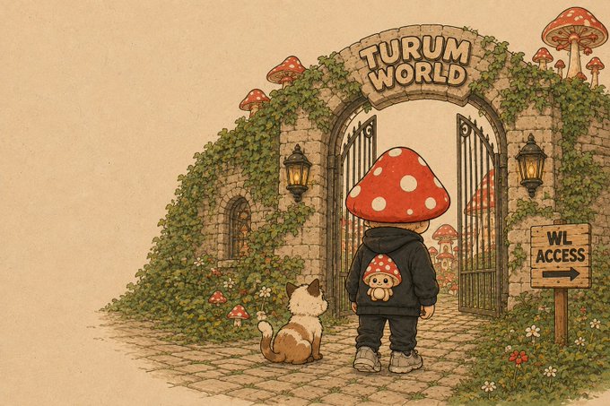 Whimsical illustration of a character with a red mushroom cap head standing at the vine-covered stone gates of 'Turum World' with a cat, next to a 'WL Access' sign.