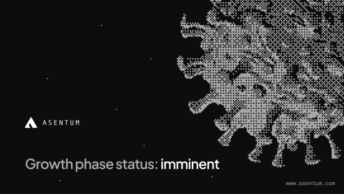 A black promotional graphic from Asentum (www.asentum.com) showing a pixelated virus illustration with the text "Growth phase status: imminent".