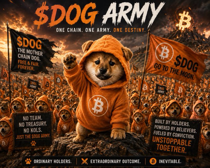 A promotional poster for '$DOG ARMY' featuring a dog in an orange Bitcoin hoodie leading an army of similarly dressed dogs, with slogans like 'ONE CHAIN. ONE ARMY. ONE DESTINY.'