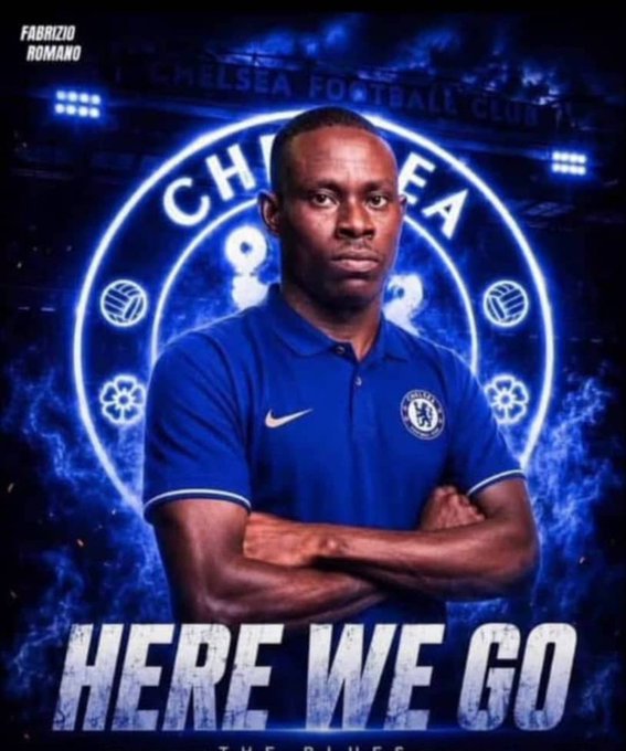 A transfer announcement graphic featuring a soccer player in a blue Chelsea FC polo with arms crossed, set against a blue Chelsea Football Club background with 'HERE WE GO' text and 'FABRIZIO ROMANO' credit at the top.