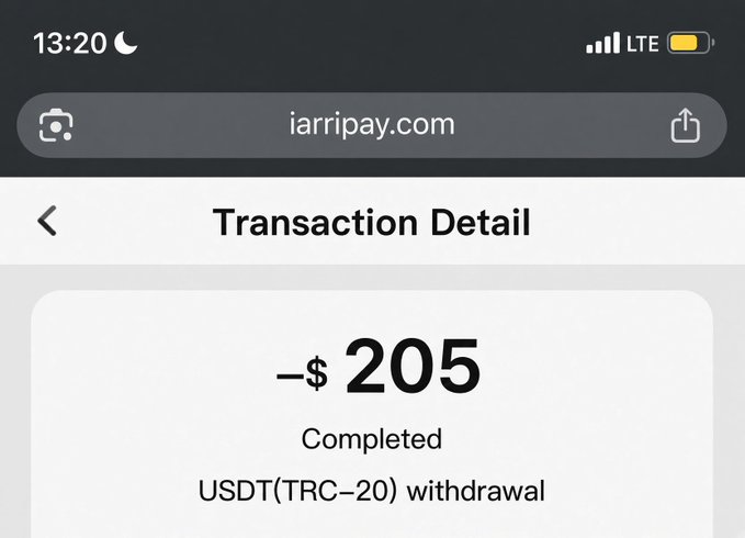 A screenshot of a transaction detail page on iarripay.com shows a completed USDT(TRC-20) withdrawal of -$205, supporting the user's claim of successfully cashing out from the platform.