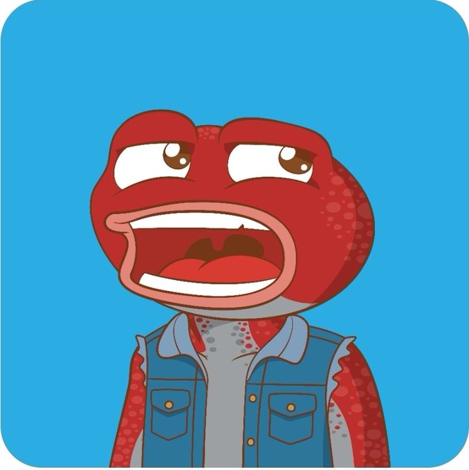 A red cartoon frog with wide eyes and an open mouth, wearing a blue denim vest, appears shocked or dismayed against a bright blue background. The expression on the frog's face visually complements the post's theme of being "blocked by Pons," conveying a sense of frustrated surprise or helplessness.