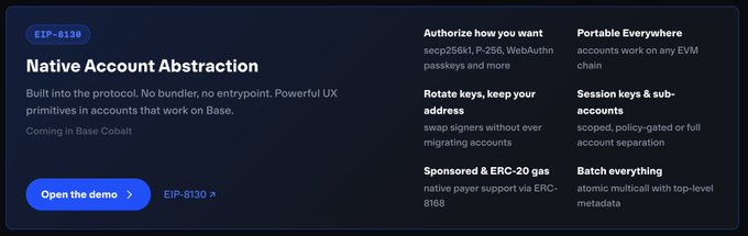 An informational graphic about Coinbase's 'Native Account Abstraction' EIP-8130, highlighting features like portable accounts, key rotation, sponsored gas, and session keys for Base Cobalt.