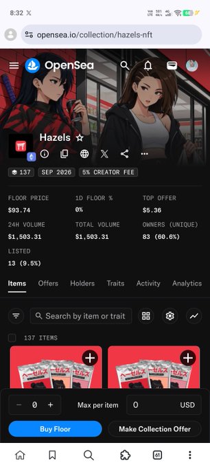 Screenshot of the OpenSea NFT marketplace showing the "Hazels" collection page with a floor price of $93.74, 24H volume of $1,503.31, and 137 items listed.
