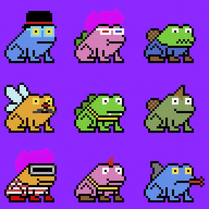 A grid of nine pixel-art frog characters on a purple background, each with different colors, outfits, and accessories such as top hats, mohawks, and wings.