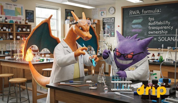 Whimsical laboratory scene with a Charizard scientist and a purple Gengar-like creature working on a blackboard that reads 'RWA formula: tps, auditability, transparency, ownership = SOLANA,' branded with 'drip' in the corner.
