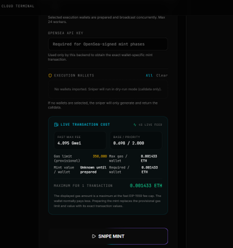 A screenshot of the OpenSea minting interface for the LastLap collection, displaying an OpenSea API key field, no execution wallets selected, and a live transaction cost of 4.095 Gwei (0.001433 ETH maximum per transaction), with the "SNIPE MINT" button visible at the bottom.