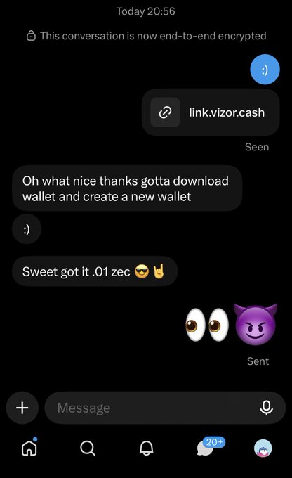 A text message conversation showing a link to 'link.vizor.cash', with replies discussing downloading a wallet and receiving '0.01 zec'.
