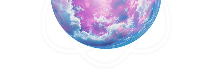 A surreal scene shows a glowing pink and blue cloud-filled planet or sphere resembling Earth, partially hidden behind what appears to be a paw-shaped design.