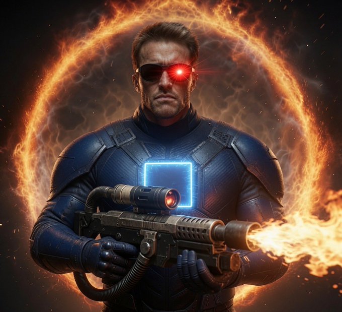 A digital artwork of a soldier in dark blue futuristic armor with a glowing red eye, holding a flamethrower-style weapon that emits fire, with a flaming ring portal behind him.