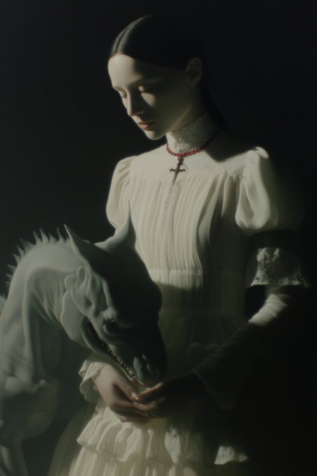 A moody, dark portrait of a young woman in a vintage white dress with a red beaded necklace, cradling a pale dragon-like creature.