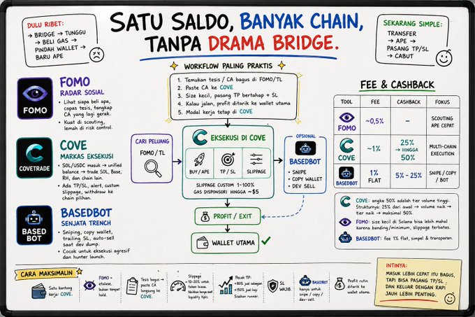 An infographic titled "SATU SALDO, BANYAK CHAIN, TANPA DRAMA BRIDGE" comparing traditional multi-chain trading with simplified workflows using FOMO, COVE, and BASEBOT tools, including a fee/cashback table showing fees like FOMO at ~0.5% and COVE at 1% with 50% cashback, plus practical steps for buying APE, TP/SL, and slippage.