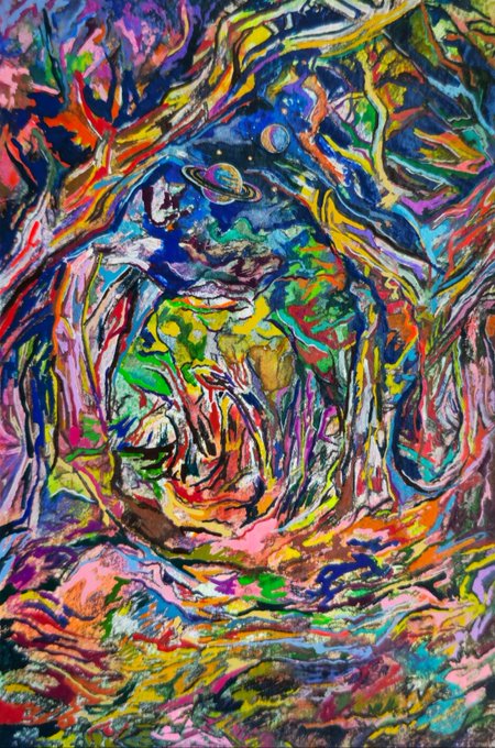 A vibrant, expressionistic painting filled with chaotic, swirling brushstrokes of blue, green, pink, and yellow, with hints of planetary shapes within the abstract composition.