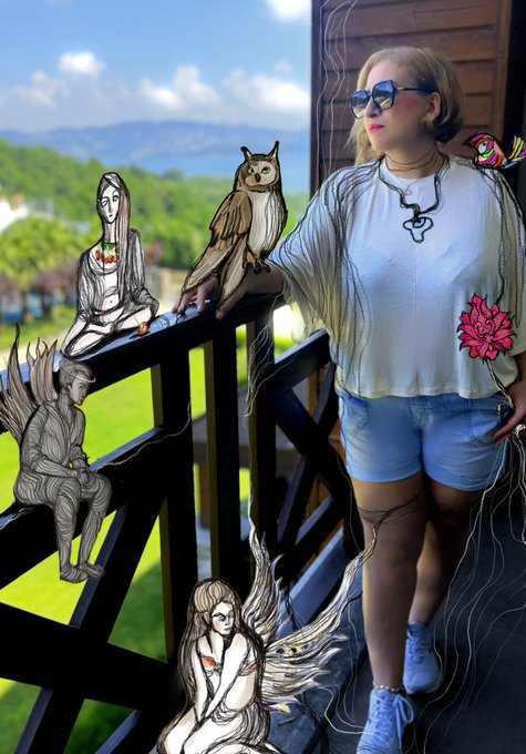 An artistic mixed-media image of a woman with sunglasses standing on a balcony, with hand-drawn sketched figures including an owl and other characters overlaid on the scene.