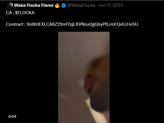 A screenshot of a tweet from Waka Flocka Flame (@WakaFlocka) posted June 17, 2024, displaying a cryptocurrency contract address for the token $FLOCKA on the CA (Solana) network.
