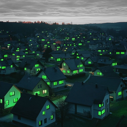 An aerial view of a suburban housing development at dusk with an eerie green glow emanating from the windows of nearly every house under a cloudy gray sky.