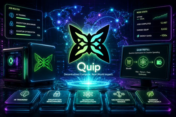 The image features an abstract background with a butterfly graphic surrounded by numbers and text. The phrase "Quip" is also prominently displayed, which may indicate some association or connection between the butterfly and Quip network. In addition to these elements, there are three computer screens positioned in various sizes within the composition, suggesting a digital environment related to cryptocurrency or blockchain technology.