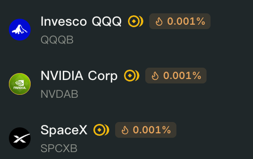 A dark-themed stock tracking list showing Invesco QQQ (QQQB), NVIDIA Corp (NVDAB), and SpaceX (SPCXB), all displaying a 0.001% decrease.