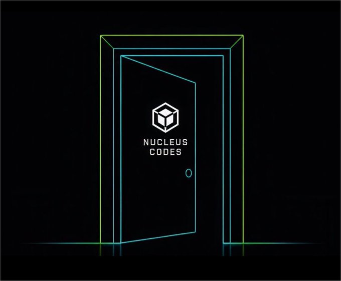 A minimalist neon-style illustration of an open doorway in green and blue outlines on a black background, with a 3D cube logo and the text 'NUCLEUS CODES' on the door.
