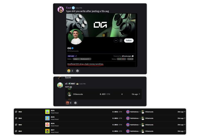 The image shows three Discord screenshots, with the top one being a post by Ekol commenting "type shit you write after jeeting a 10x avg" on an "OG" NFT (0.85 ETH floor) and poking fun at its "Unofficial CEO of an chain money narrative." The context suggests the post is mocking claims about a 0.022 ETH purchase of the NFT, implying the screenshots are being used to disprove fake allegations that someone paid that amount for it.