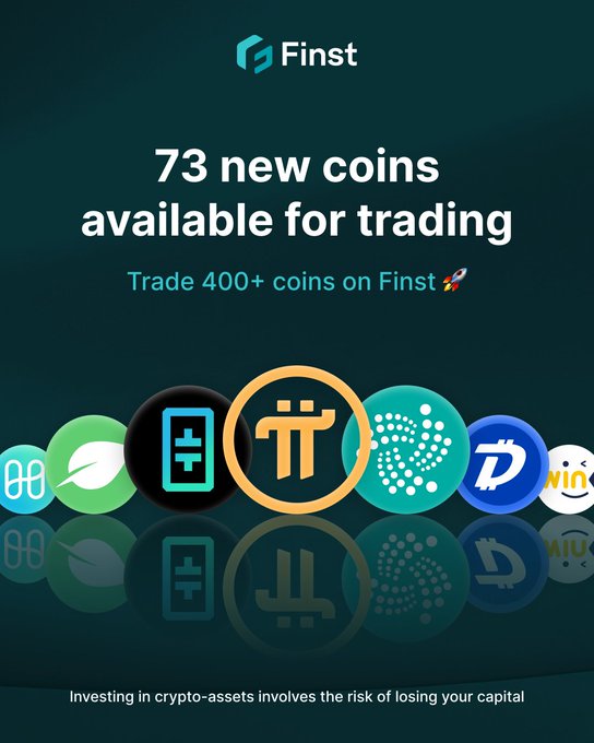 A promotional graphic for 'Finst' announcing '73 new coins available for trading,' with the tagline 'Trade 400+ coins on Finst' and a warning about the risk of investing in crypto-assets.