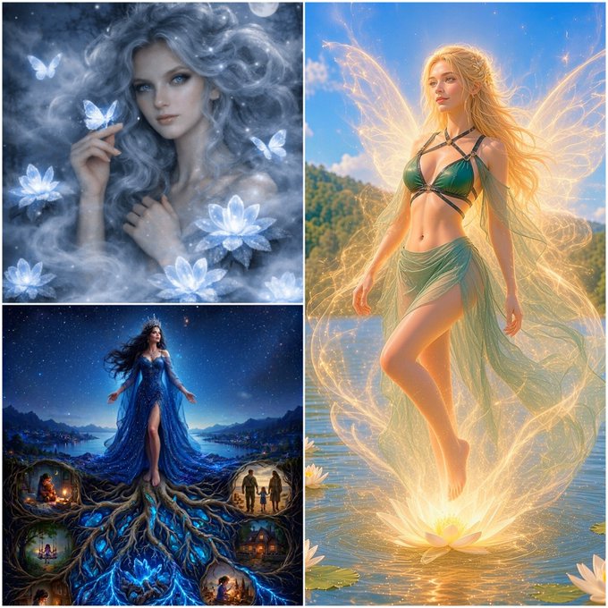 A collage of three fantasy illustrations featuring ethereal women: one with flowing silver hair surrounded by glowing blue butterflies and lotus flowers, another in a flowing blue dress standing on roots with small scenes below, and a fairy with golden wings in a green outfit hovering over a glowing lotus flower in water.