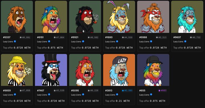 A grid of 11 'Lazy Lions' NFT avatars (#5237, #151, #921, #1680, #5988, #2607, #9859, #7467, #5095, #3813, #655) displayed with their ETH top offer prices, mostly at 0.0728 WETH.