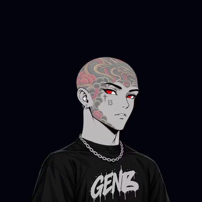 An illustrated portrait of a tattooed character with red eyes, the number 13 on their face, wearing a black shirt with 'GENB' printed on it.