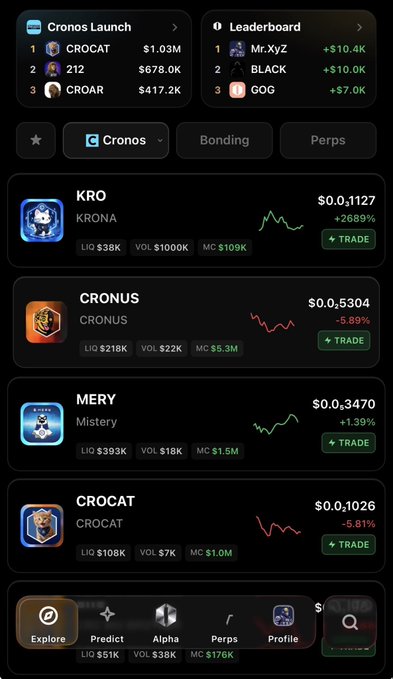 A cryptocurrency trading app showing tokens including KRO/KRONA, CRONUS, MERY/Mistery, and CROCAT/CROCAT with their prices and market data on Cronos chain.
