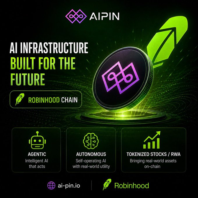 A promotional graphic for AIPIN featuring a glowing green and black color scheme with a coin displaying the AIPIN logo alongside a quill icon, headlined "AI INFRASTRUCTURE BUILT FOR THE FUTURE" and highlighting its integration with Robinhood Chain, agentic AI capabilities, autonomous AI functionality, and tokenized stocks/RWA features (ai-pin.io).

The image aligns with the post's narrative by visually positioning $AI as a forward-looking AI infrastructure project gaining momentum, with the futuristic design and emphasis on "built for the future" reinforcing the idea of early-stage narrative rotation catching attention.