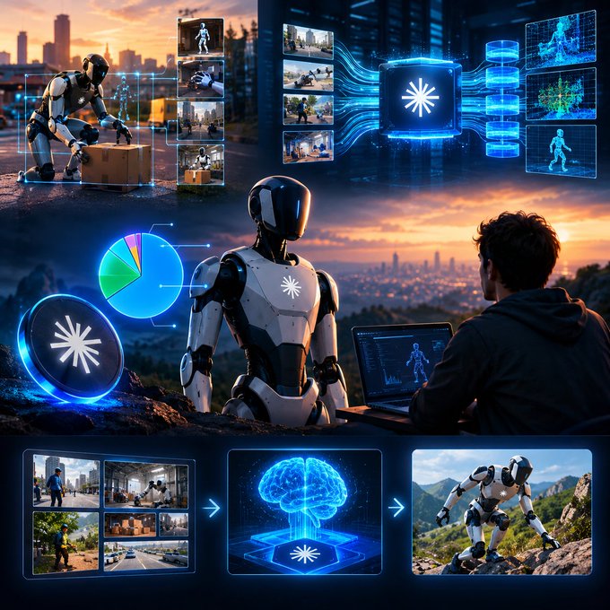 A collage of AI and robotics images featuring humanoid robots, data processing graphics, and a person working on a laptop.